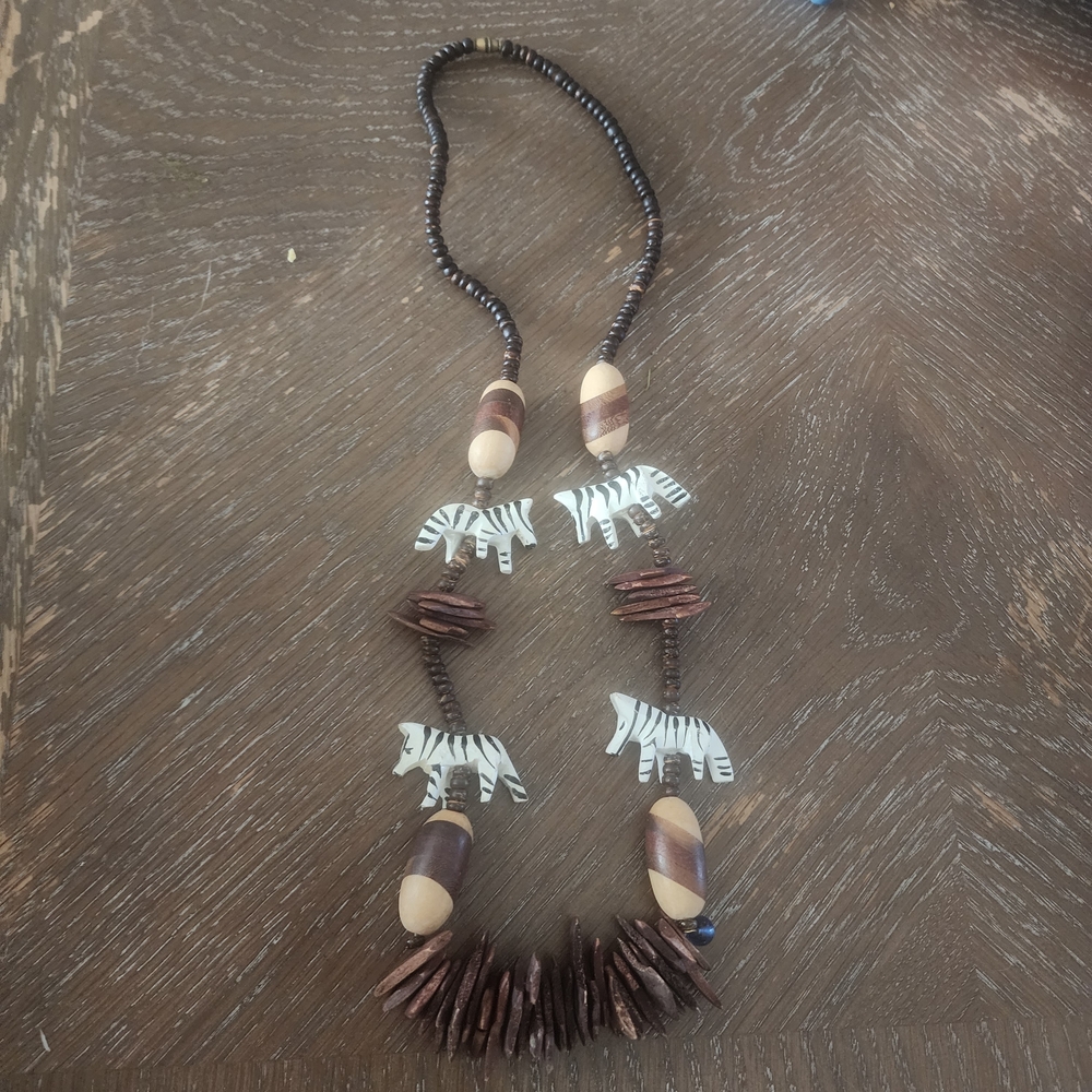 Brown and White Beaded Necklace with Zebra Accents